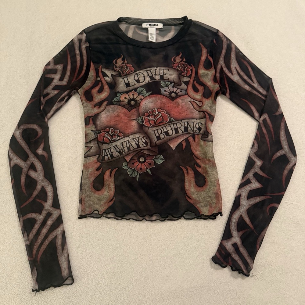 RSQ Black Tattoo Women Mesh Sheer Tee Top Love Always Burns Motorcycl Y2K Medium - Picture 4 of 11